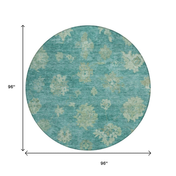 HomeRoots 8' Teal Blue & Fern Green Round Floral Rug - Durable, Washable Design for Indoor & Outdoor Use 658551