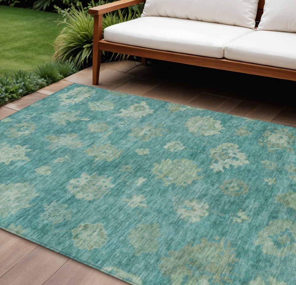 HomeRoots 8' X 10' Floral Teal Blue & Fern Green Washable Rug – Durable Indoor/Outdoor Style for Any Space 658552
