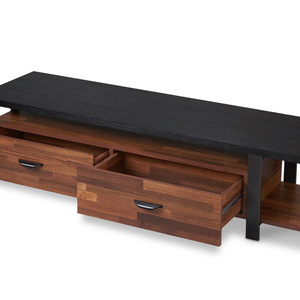 English Elm Elling Walnut & Black TV Stand with Drawers and Open Shelves, Industrial Metal Legs, 55" Ready B2726P256218