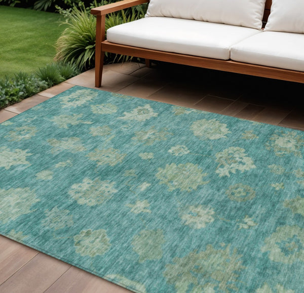 HomeRoots 10' X 14' Teal Blue & Fern Green Floral Area Rug - Durable, Washable & Stylish for Indoor/Outdoor Use 658554