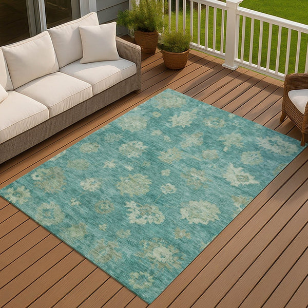 HomeRoots 10' X 14' Teal Blue & Fern Green Floral Area Rug - Durable, Washable & Stylish for Indoor/Outdoor Use 658554