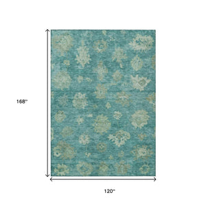HomeRoots 10' X 14' Teal Blue & Fern Green Floral Area Rug - Durable, Washable & Stylish for Indoor/Outdoor Use 658554