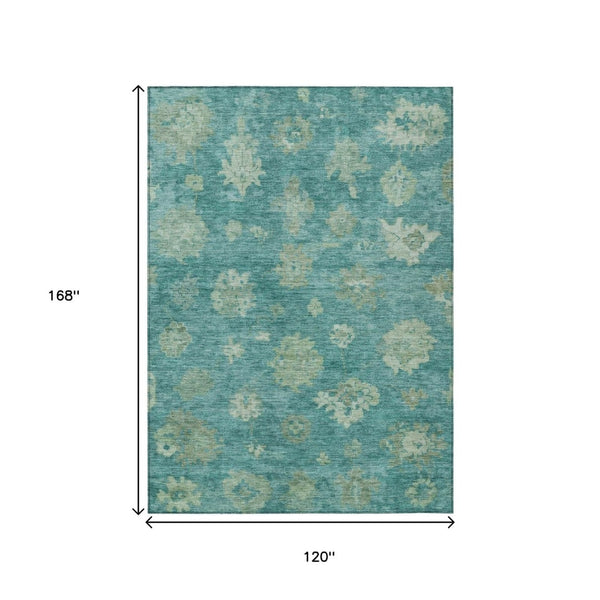 HomeRoots 10' X 14' Teal Blue & Fern Green Floral Area Rug - Durable, Washable & Stylish for Indoor/Outdoor Use 658554