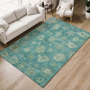 HomeRoots 10' X 14' Teal Blue & Fern Green Floral Area Rug - Durable, Washable & Stylish for Indoor/Outdoor Use 658554