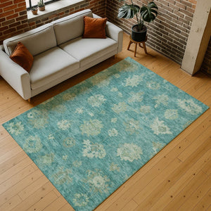 HomeRoots 10' X 14' Teal Blue & Fern Green Floral Area Rug - Durable, Washable & Stylish for Indoor/Outdoor Use 658554