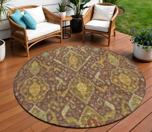HomeRoots 8' Round Ikat Area Rug in Burgundy, Gold & Copper - Durable, Washable for Indoor & Outdoor Use 658557