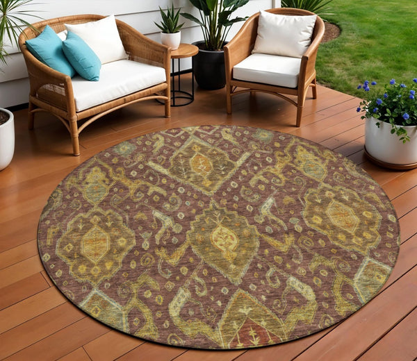 HomeRoots 8' Round Ikat Area Rug in Burgundy, Gold & Copper - Durable, Washable for Indoor & Outdoor Use 658557
