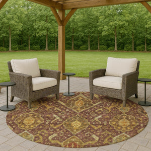 HomeRoots 8' Round Ikat Area Rug in Burgundy, Gold & Copper - Durable, Washable for Indoor & Outdoor Use 658557
