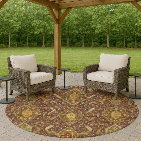 HomeRoots 8' Round Ikat Area Rug in Burgundy, Gold & Copper - Durable, Washable for Indoor & Outdoor Use 658557