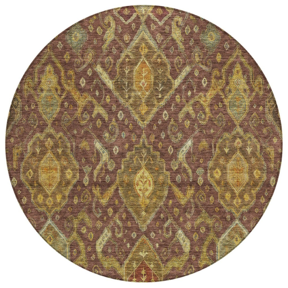 HomeRoots 8' Round Ikat Area Rug in Burgundy, Gold & Copper - Durable, Washable for Indoor & Outdoor Use 658557