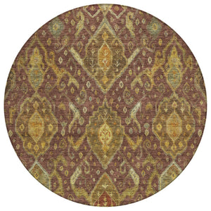 HomeRoots 8' Round Ikat Area Rug in Burgundy, Gold & Copper - Durable, Washable for Indoor & Outdoor Use 658557