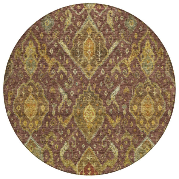 HomeRoots 8' Round Ikat Area Rug in Burgundy, Gold & Copper - Durable, Washable for Indoor & Outdoor Use 658557