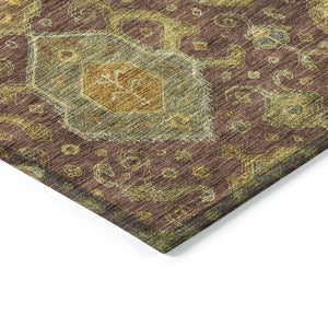 HomeRoots 8' Round Ikat Area Rug in Burgundy, Gold & Copper - Durable, Washable for Indoor & Outdoor Use 658557