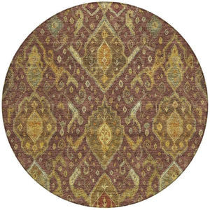HomeRoots 8' Round Ikat Area Rug in Burgundy, Gold & Copper - Durable, Washable for Indoor & Outdoor Use 658557