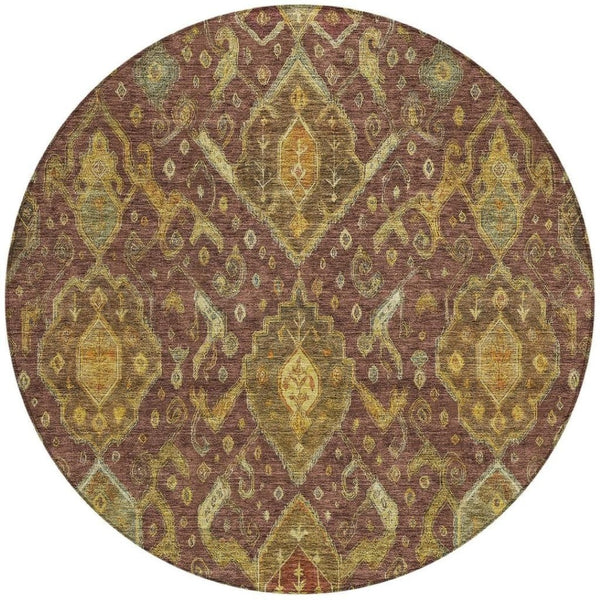 HomeRoots 8' Round Ikat Area Rug in Burgundy, Gold & Copper - Durable, Washable for Indoor & Outdoor Use 658557