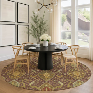 HomeRoots 8' Round Ikat Area Rug in Burgundy, Gold & Copper - Durable, Washable for Indoor & Outdoor Use 658557