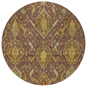 HomeRoots 8' Round Ikat Area Rug in Burgundy, Gold & Copper - Durable, Washable for Indoor & Outdoor Use 658557