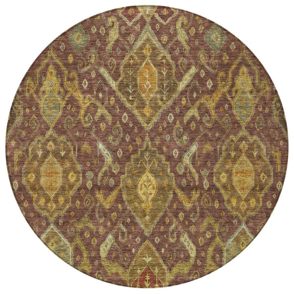 HomeRoots 8' Round Ikat Area Rug in Burgundy, Gold & Copper - Durable, Washable for Indoor & Outdoor Use 658557