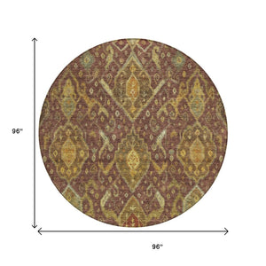 HomeRoots 8' Round Ikat Area Rug in Burgundy, Gold & Copper - Durable, Washable for Indoor & Outdoor Use 658557