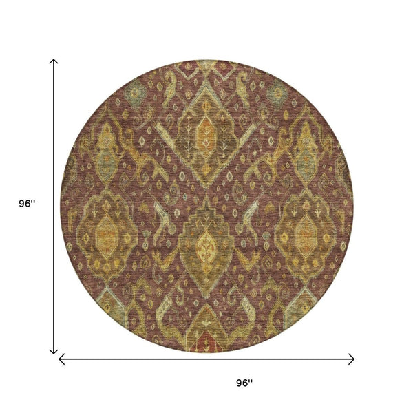 HomeRoots 8' Round Ikat Area Rug in Burgundy, Gold & Copper - Durable, Washable for Indoor & Outdoor Use 658557