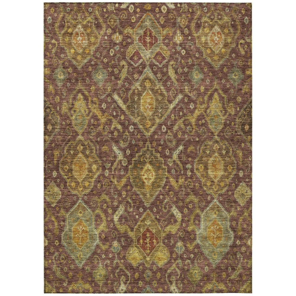 HomeRoots 8' X 10' Washable Indoor Outdoor Area Rug - Burgundy Gold Copper Ikat Design for Easy Care & Style 658558