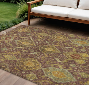 HomeRoots 10' X 14' Washable Ikat Area Rug in Burgundy, Gold & Copper - Indoor/Outdoor Durable Design 658560
