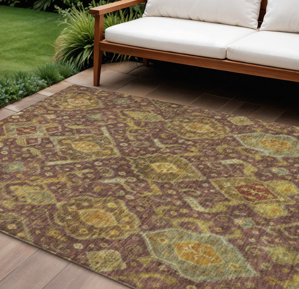 HomeRoots 10' X 14' Washable Ikat Area Rug in Burgundy, Gold & Copper - Indoor/Outdoor Durable Design 658560