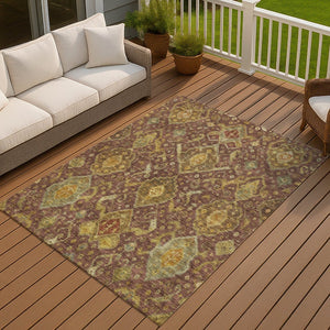 HomeRoots 10' X 14' Washable Ikat Area Rug in Burgundy, Gold & Copper - Indoor/Outdoor Durable Design 658560