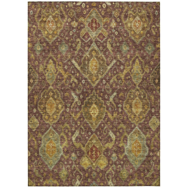 HomeRoots 10' X 14' Washable Ikat Area Rug in Burgundy, Gold & Copper - Indoor/Outdoor Durable Design 658560