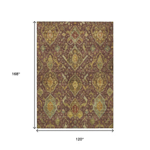 HomeRoots 10' X 14' Washable Ikat Area Rug in Burgundy, Gold & Copper - Indoor/Outdoor Durable Design 658560