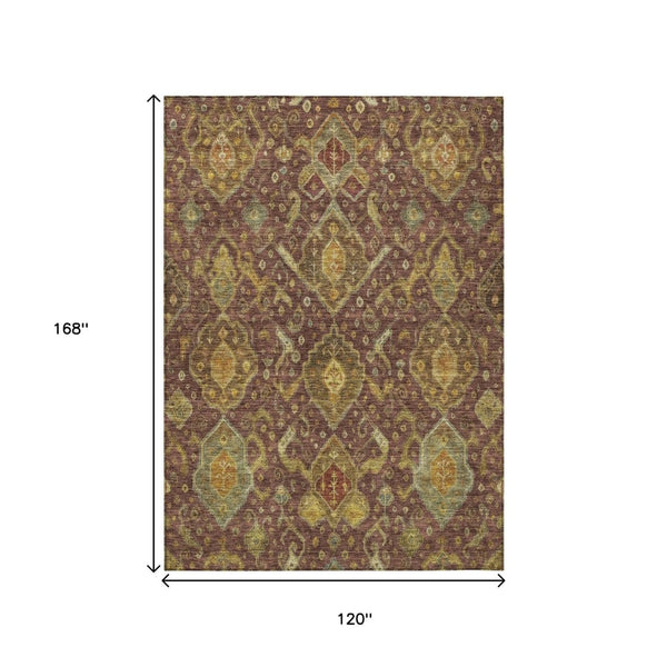 HomeRoots 10' X 14' Washable Ikat Area Rug in Burgundy, Gold & Copper - Indoor/Outdoor Durable Design 658560