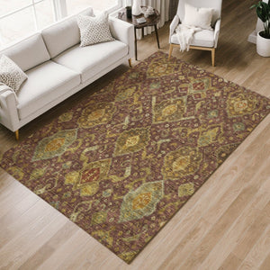 HomeRoots 10' X 14' Washable Ikat Area Rug in Burgundy, Gold & Copper - Indoor/Outdoor Durable Design 658560