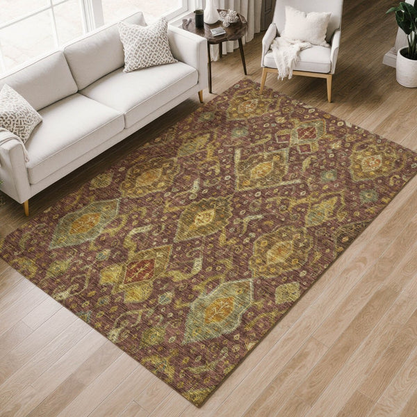 HomeRoots 10' X 14' Washable Ikat Area Rug in Burgundy, Gold & Copper - Indoor/Outdoor Durable Design 658560