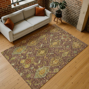HomeRoots 10' X 14' Washable Ikat Area Rug in Burgundy, Gold & Copper - Indoor/Outdoor Durable Design 658560