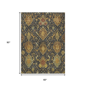 HomeRoots 5' Charcoal Gold Copper Ikat Indoor Outdoor Area Rug - Stylish, Durable, Washable for High-Traffic Spaces 658562