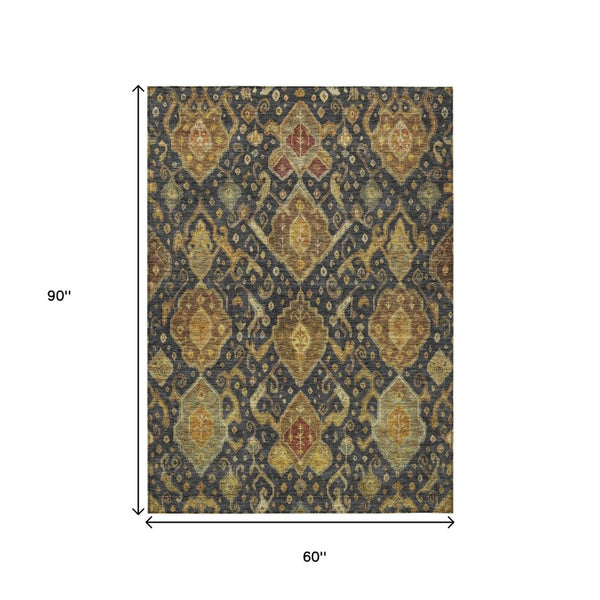 HomeRoots 5' Charcoal Gold Copper Ikat Indoor Outdoor Area Rug - Stylish, Durable, Washable for High-Traffic Spaces 658562