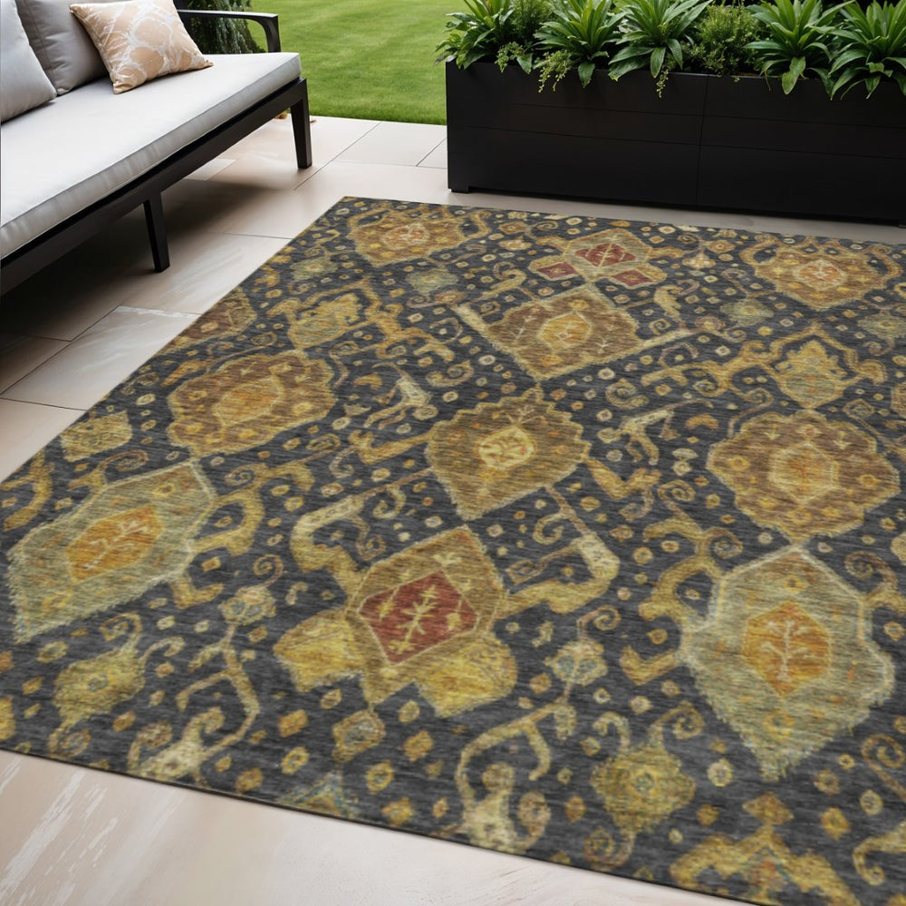 HomeRoots 5' Charcoal Gold Copper Ikat Indoor Outdoor Area Rug - Stylish, Durable, Washable for High-Traffic Spaces 658562