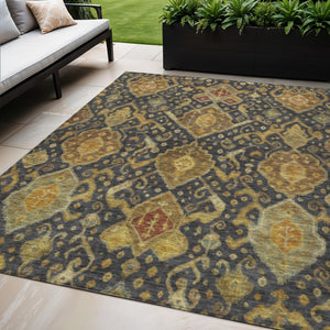HomeRoots 5' Charcoal Gold Copper Ikat Indoor Outdoor Area Rug - Stylish, Durable, Washable for High-Traffic Spaces 658562