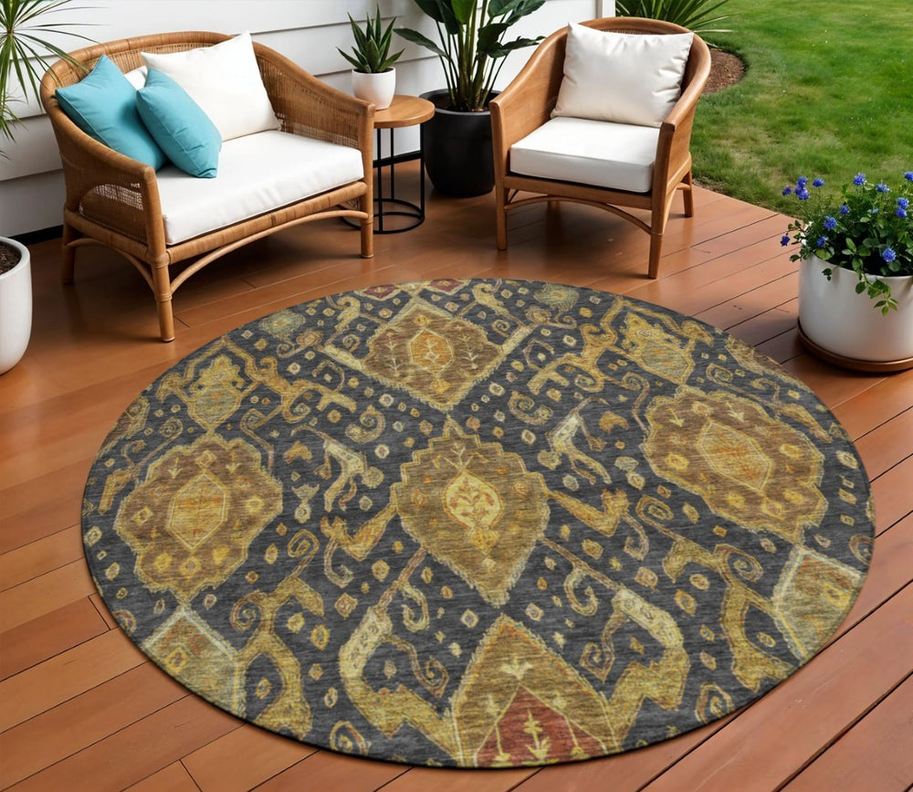 HomeRoots 8' Charcoal Gold Copper Round Ikat Rug - Modern Washable Area Rug for Indoor & Outdoor Spaces 658563