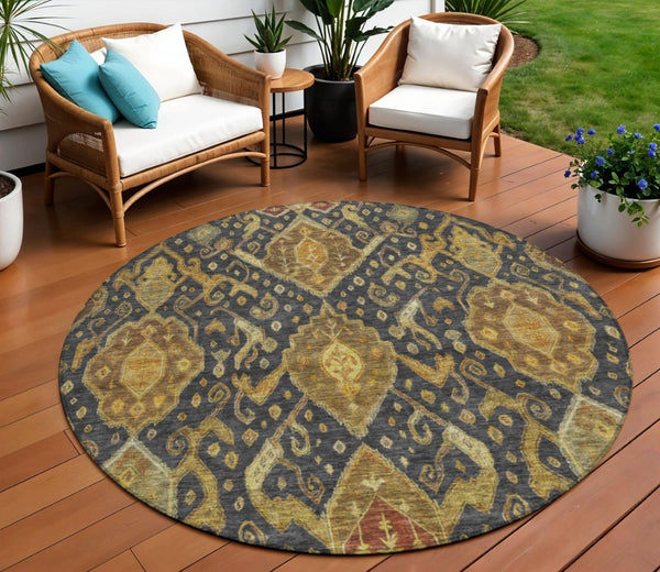 HomeRoots 8' Charcoal Gold Copper Round Ikat Rug - Modern Washable Area Rug for Indoor & Outdoor Spaces 658563