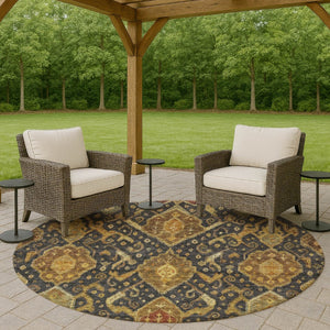 HomeRoots 8' Charcoal Gold Copper Round Ikat Rug - Modern Washable Area Rug for Indoor & Outdoor Spaces 658563