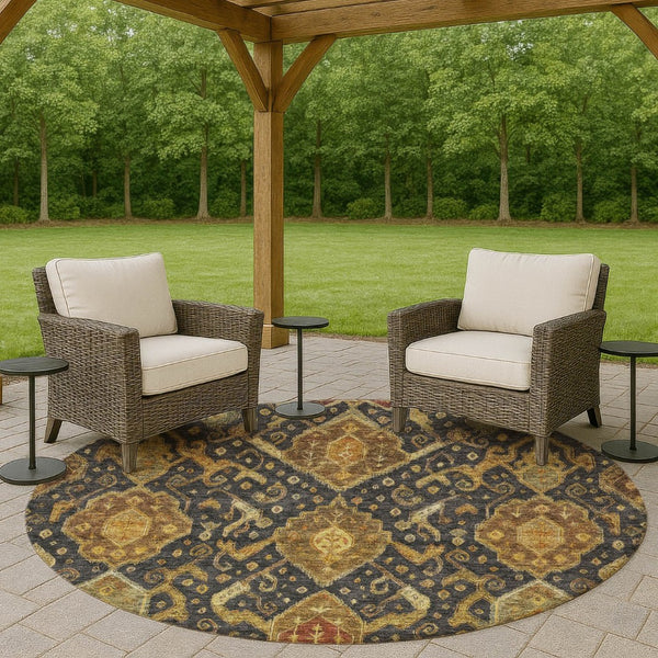 HomeRoots 8' Charcoal Gold Copper Round Ikat Rug - Modern Washable Area Rug for Indoor & Outdoor Spaces 658563