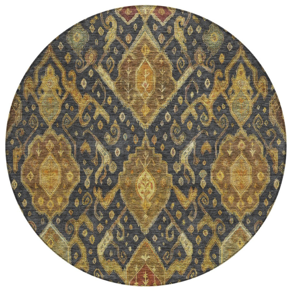 HomeRoots 8' Charcoal Gold Copper Round Ikat Rug - Modern Washable Area Rug for Indoor & Outdoor Spaces 658563