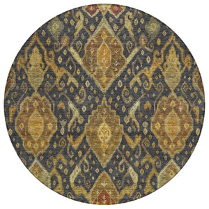 HomeRoots 8' Charcoal Gold Copper Round Ikat Rug - Modern Washable Area Rug for Indoor & Outdoor Spaces 658563