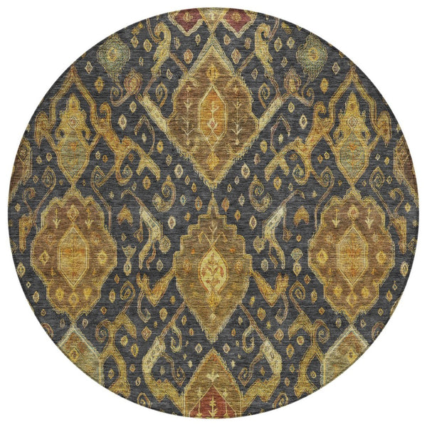 HomeRoots 8' Charcoal Gold Copper Round Ikat Rug - Modern Washable Area Rug for Indoor & Outdoor Spaces 658563