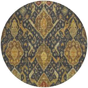 HomeRoots 8' Charcoal Gold Copper Round Ikat Rug - Modern Washable Area Rug for Indoor & Outdoor Spaces 658563