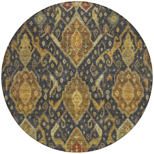 HomeRoots 8' Charcoal Gold Copper Round Ikat Rug - Modern Washable Area Rug for Indoor & Outdoor Spaces 658563