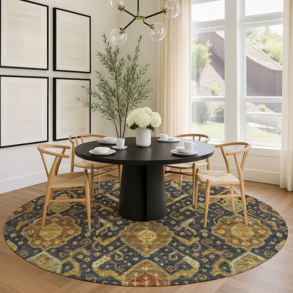 HomeRoots 8' Charcoal Gold Copper Round Ikat Rug - Modern Washable Area Rug for Indoor & Outdoor Spaces 658563