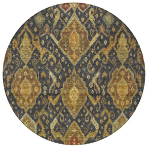 HomeRoots 8' Charcoal Gold Copper Round Ikat Rug - Modern Washable Area Rug for Indoor & Outdoor Spaces 658563