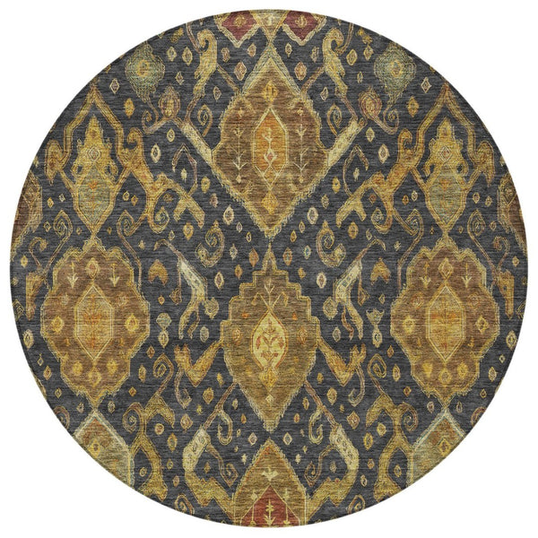 HomeRoots 8' Charcoal Gold Copper Round Ikat Rug - Modern Washable Area Rug for Indoor & Outdoor Spaces 658563